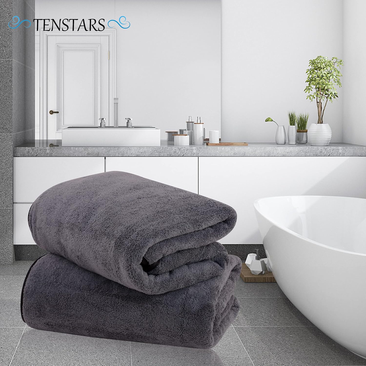 TENSTARS Luxury Silk Hemming Bath Towels Quick-Drying Soft Microfiber 27x55 - 2 Pk