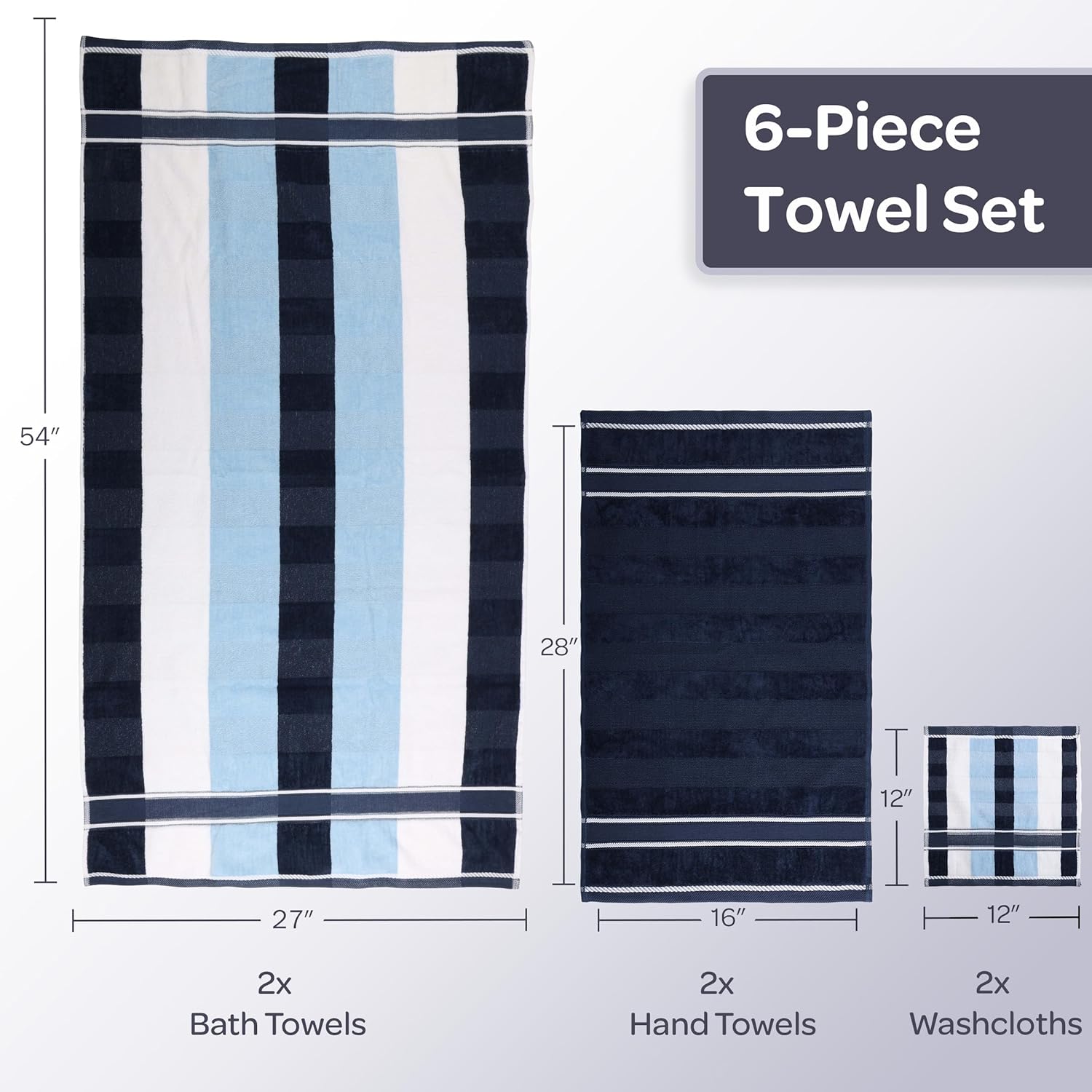 6-Piece Bath Towel Set 525 GSM - Navy - Soft Absorbent