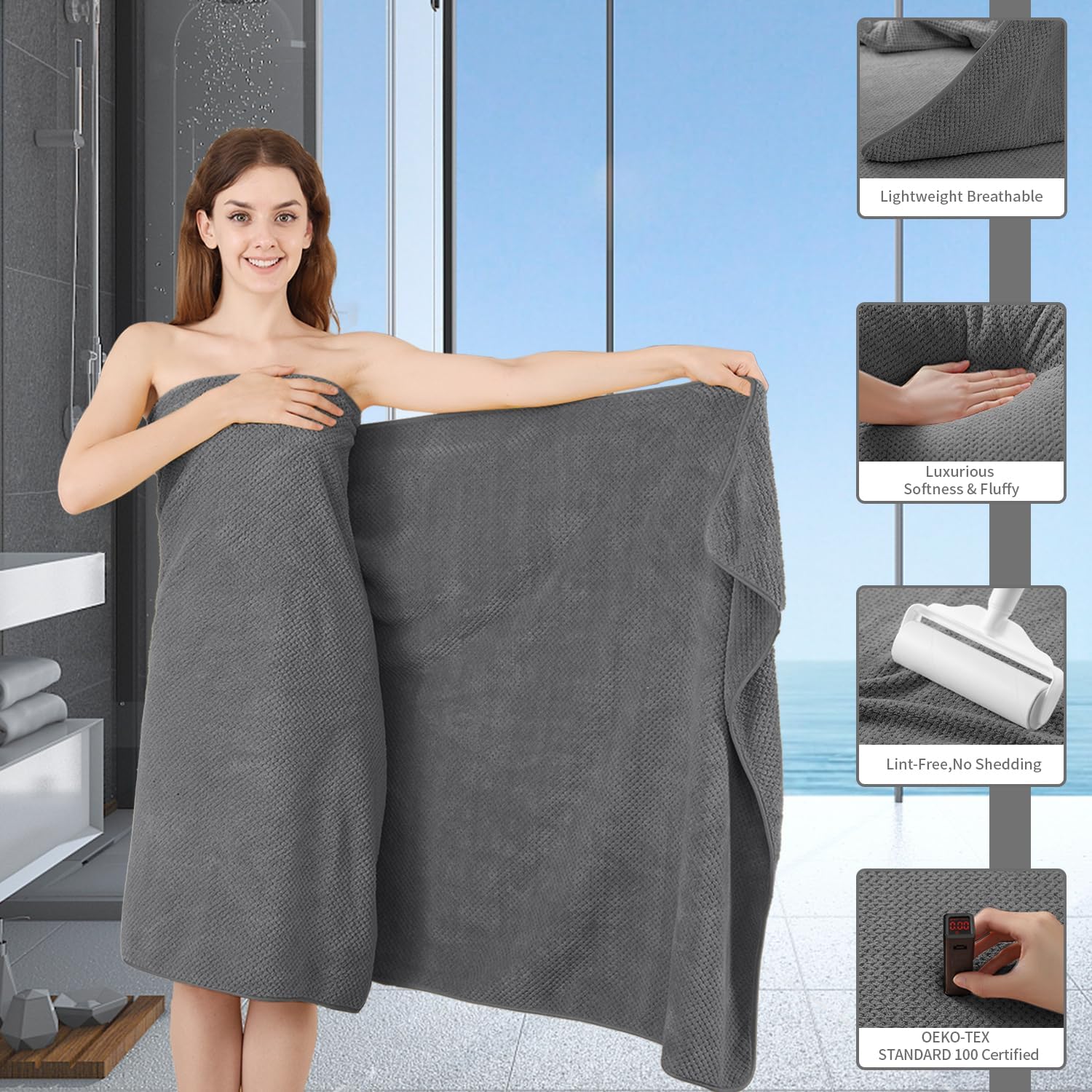 Extra Large 4-Pack Bath Towels 35x70 Dark Gray Soft Quick-Dry