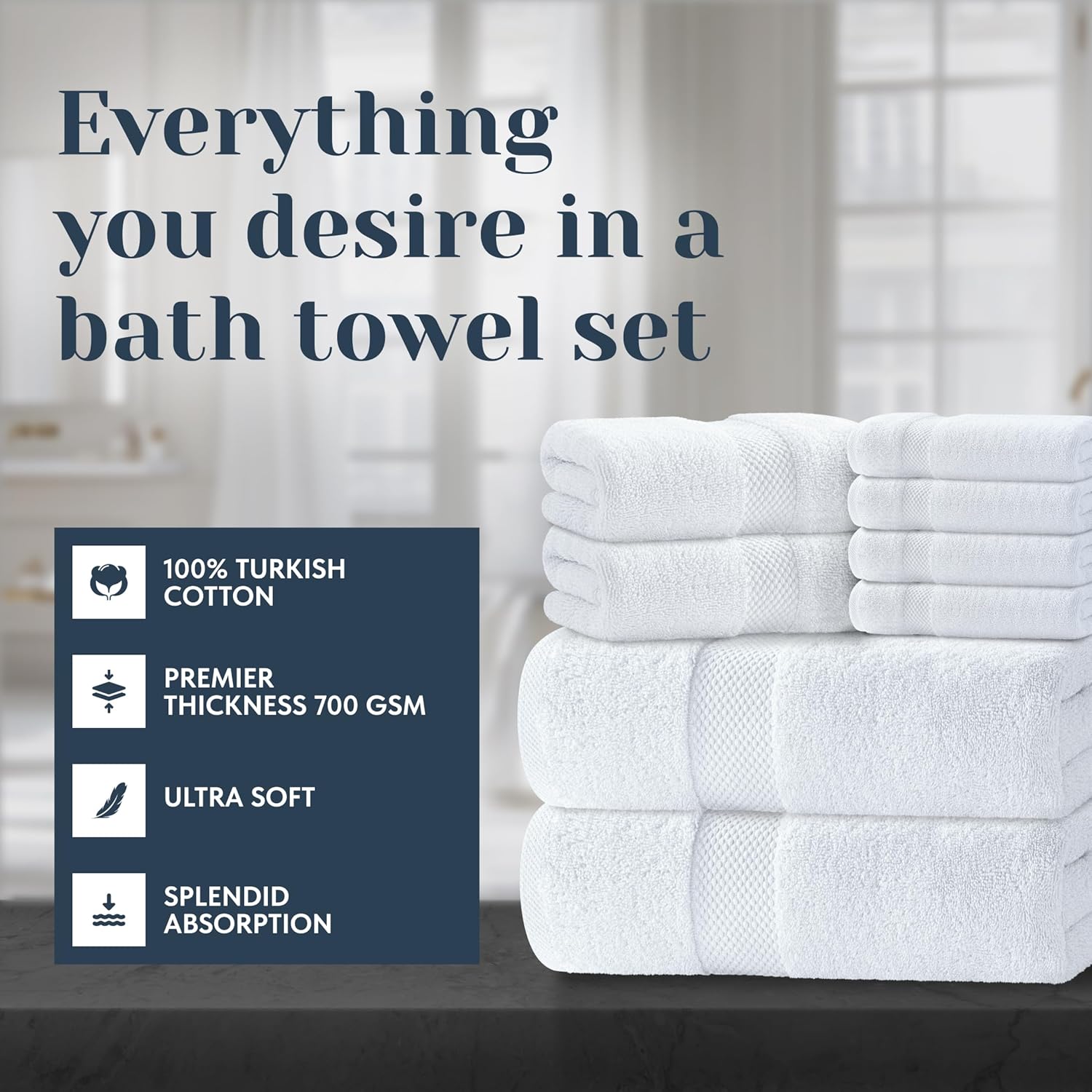 Luxury White Bath Towels Set - 100 Turkish Cotton - 8-Piece