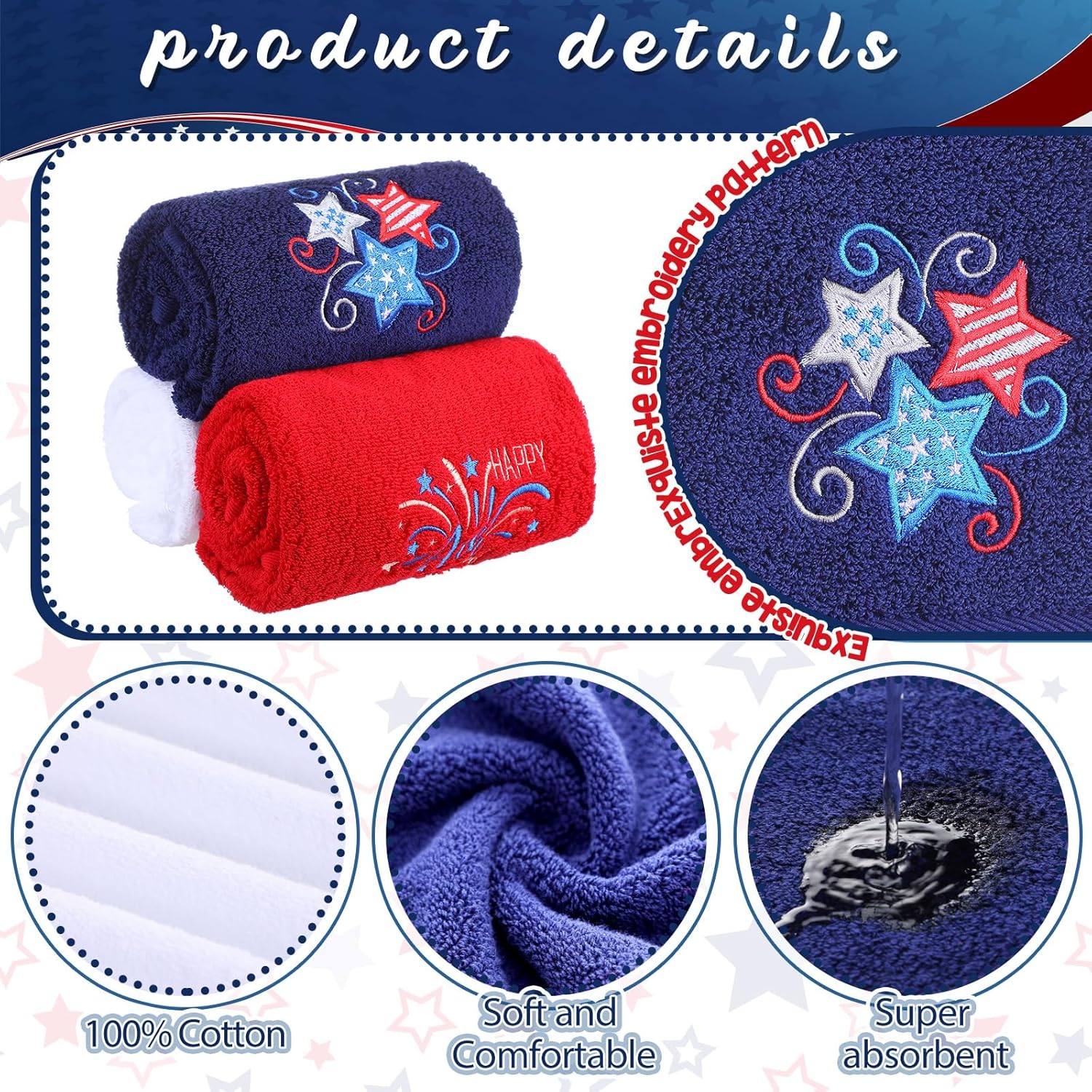 American Flag Red White 3-Pack Patriotic Hand Towels 4th of July Cotton
