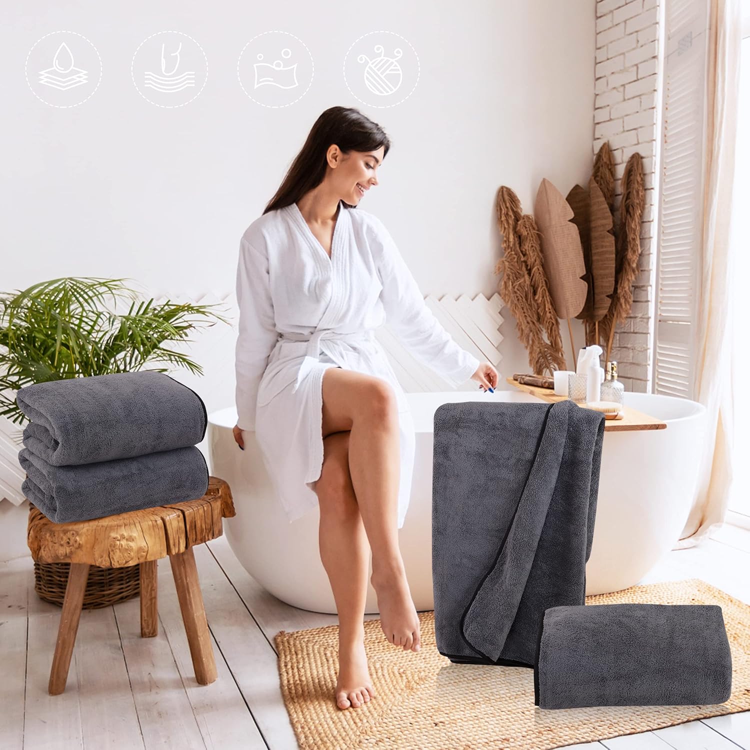 TENSTARS Luxury Silk Hemming Bath Towels Quick-Drying Soft Microfiber 27x55 - 2 Pk