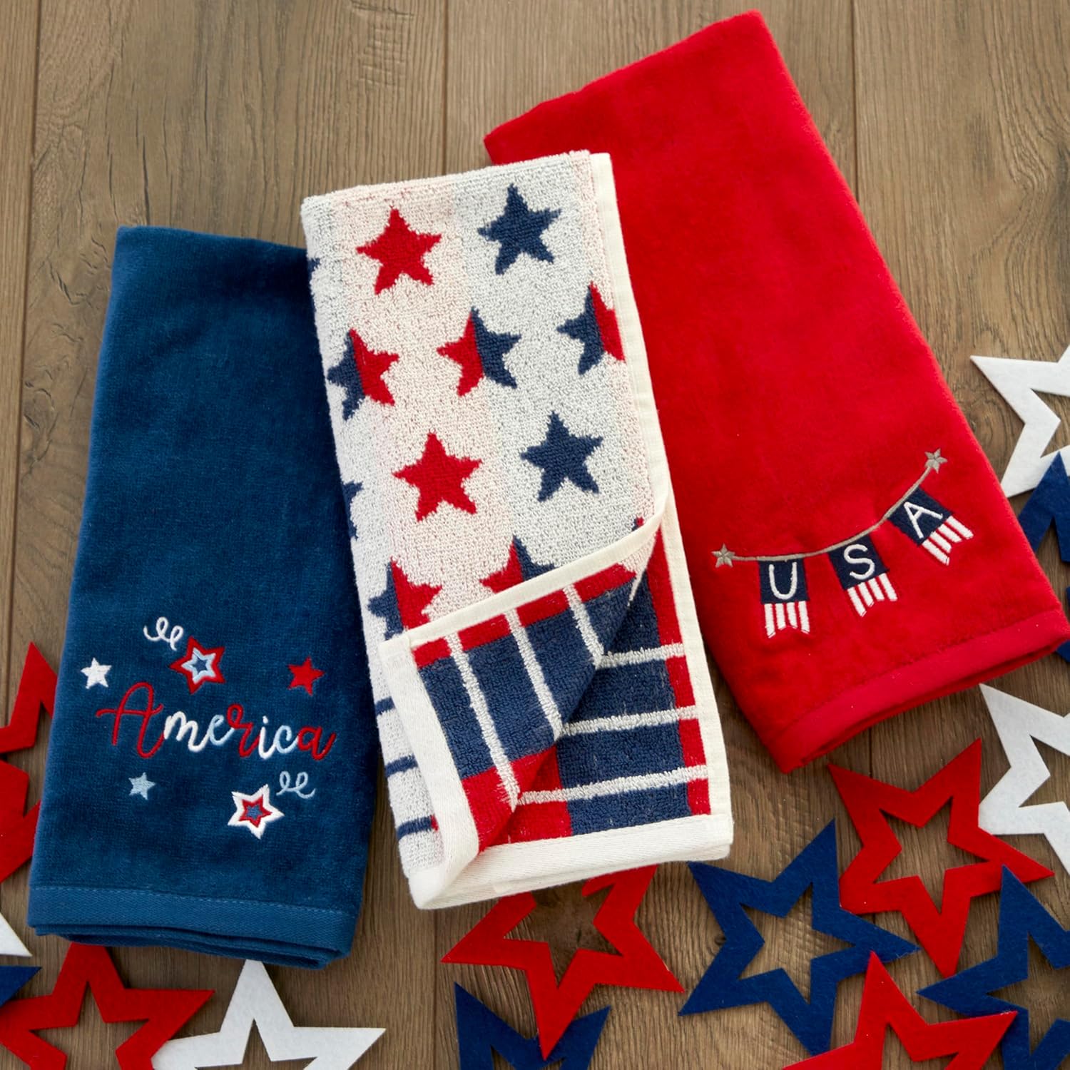 Patriotic Red White Star Hand Towel Set 2 Count