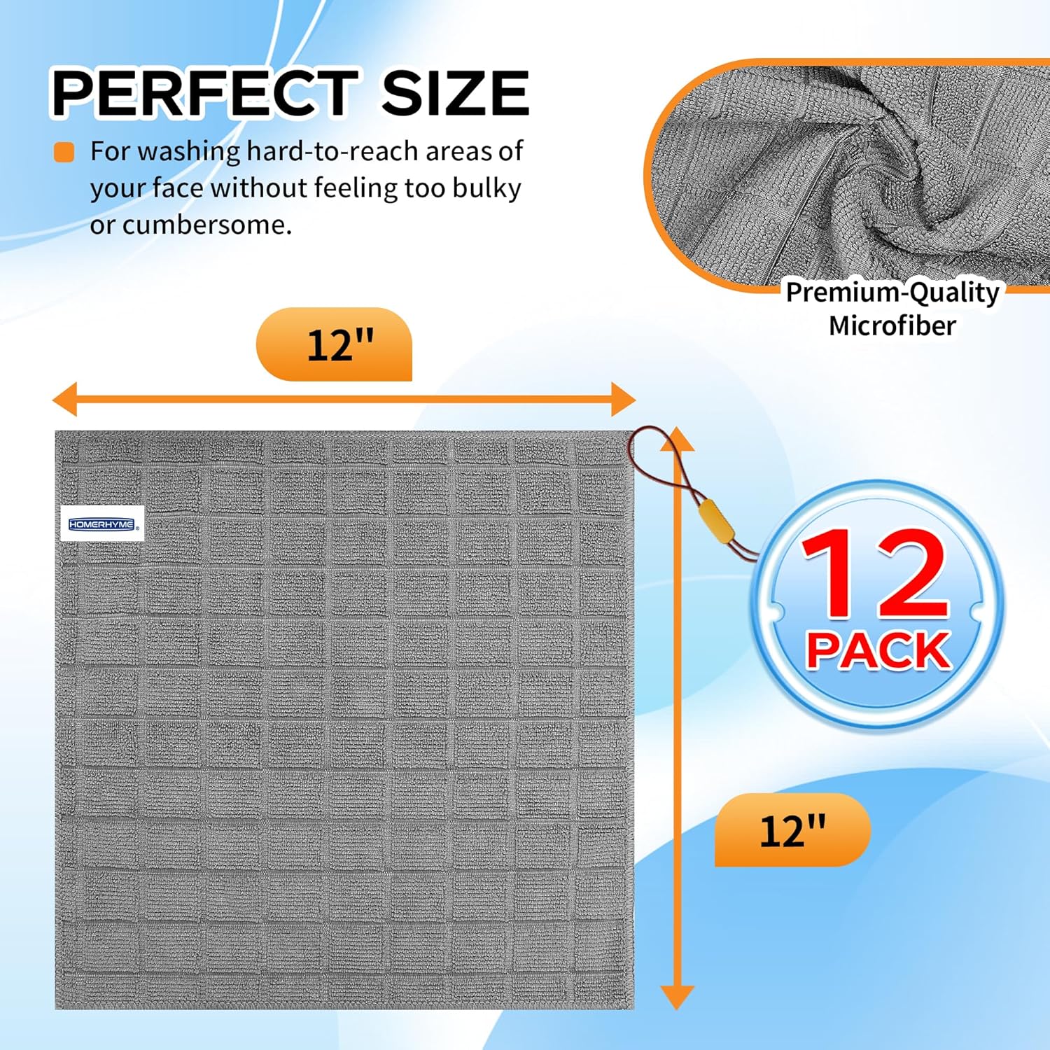 HOMERHYME Microfiber 12-Pack Washcloths Soft Grey Reusable Face Towels