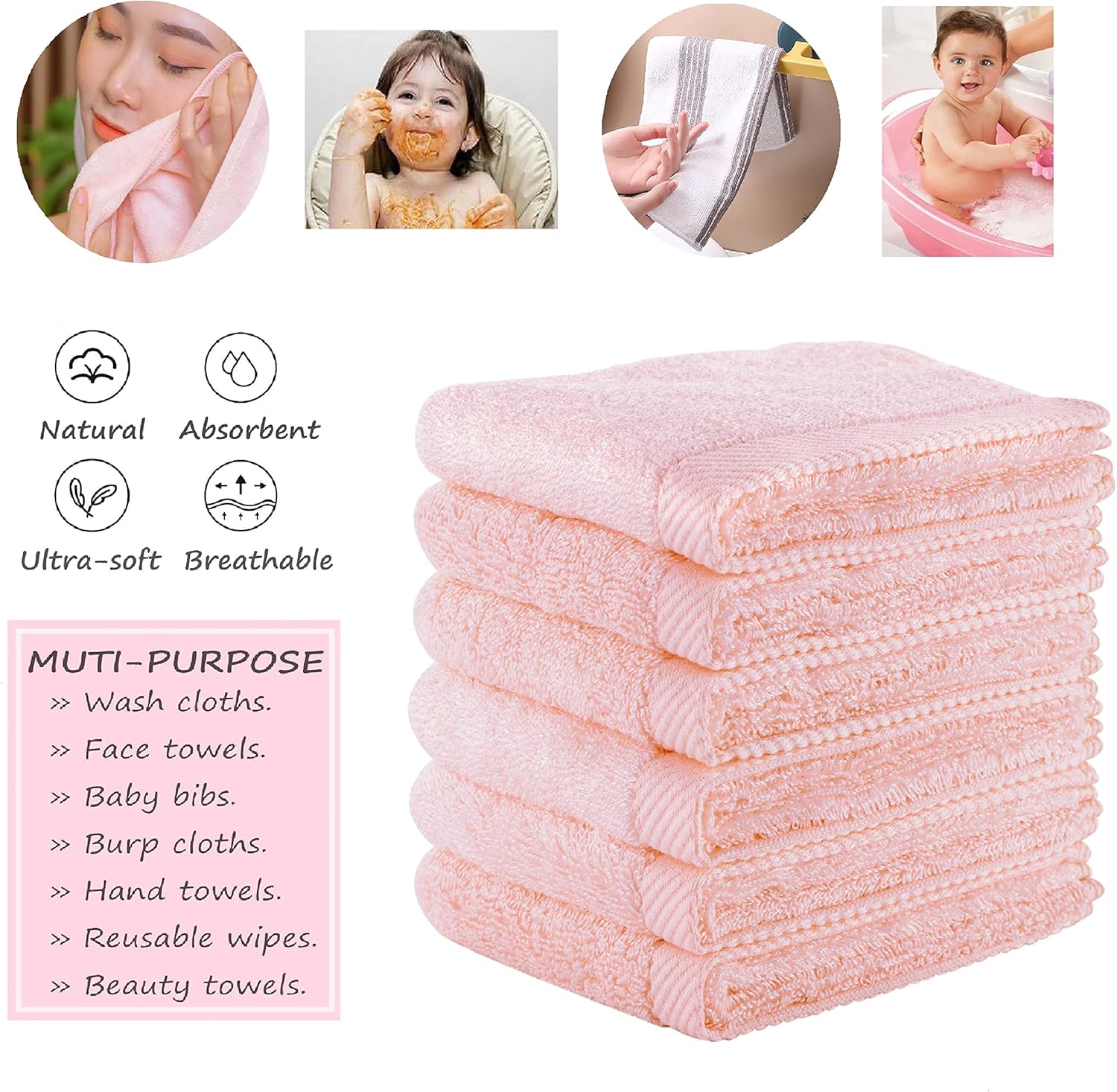 Mother-Earth 6-Pack Soft Bath Washcloths for Sensitive Skin