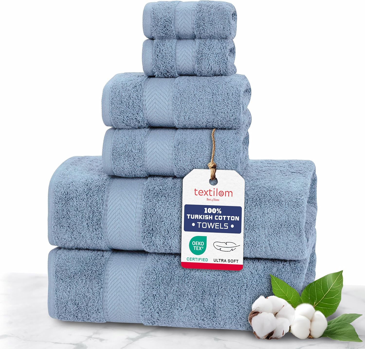 High-Quality Turkish Cotton Bath Towels Set Mid Blue