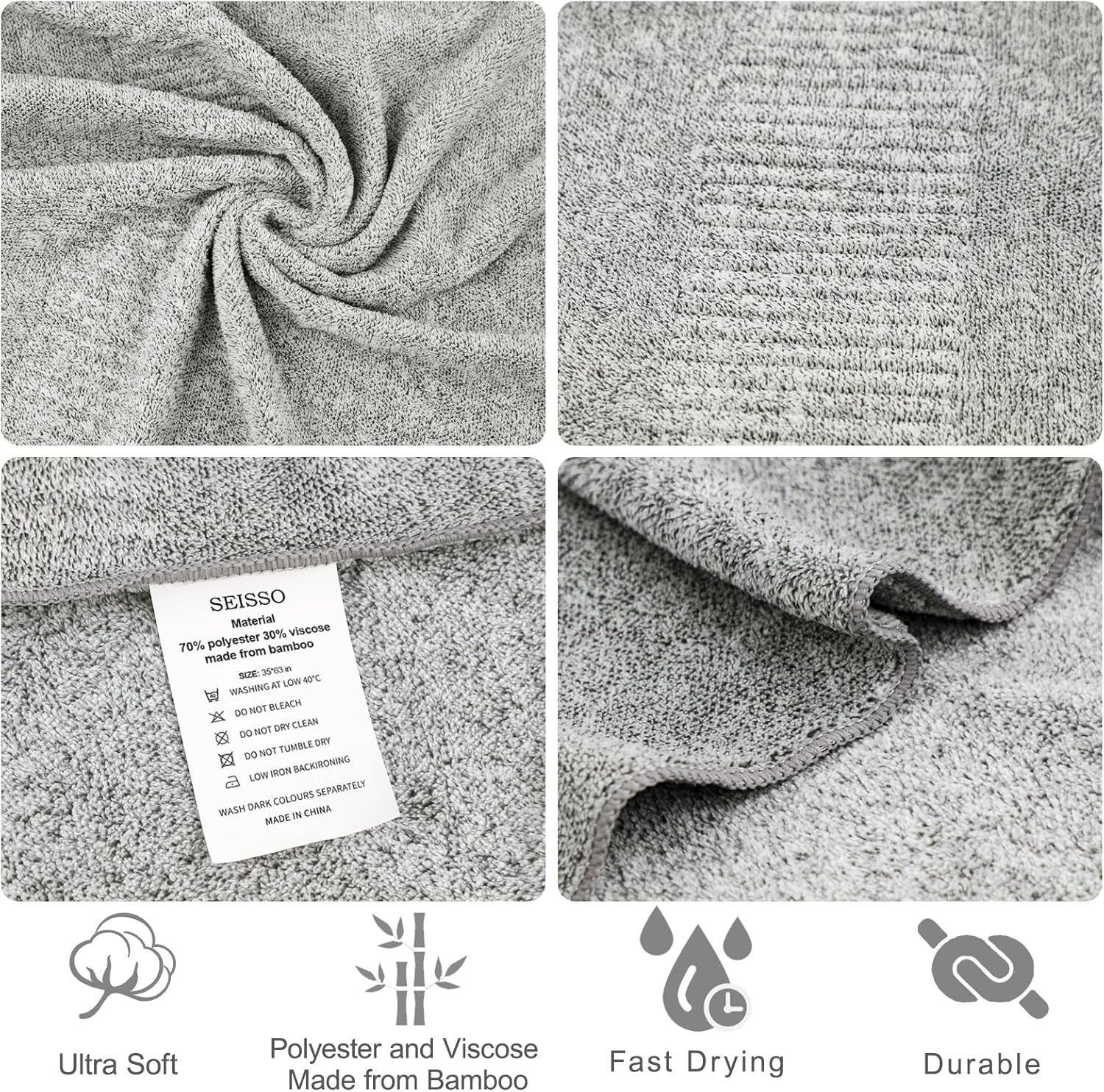 SEISSO Premium Quick Drying Bath Towels 2-Pack Bamboo-Infused Multi-Functional