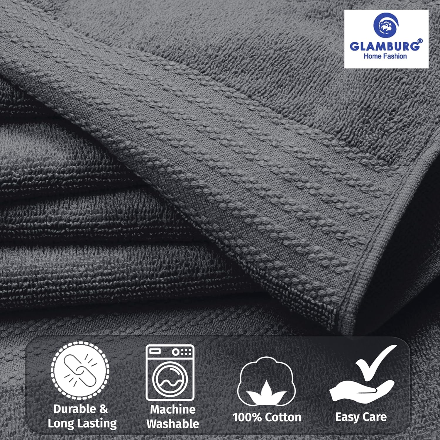 GLAMBURG 8-Piece Ultra Soft Bath Towels Set Charcoal Grey