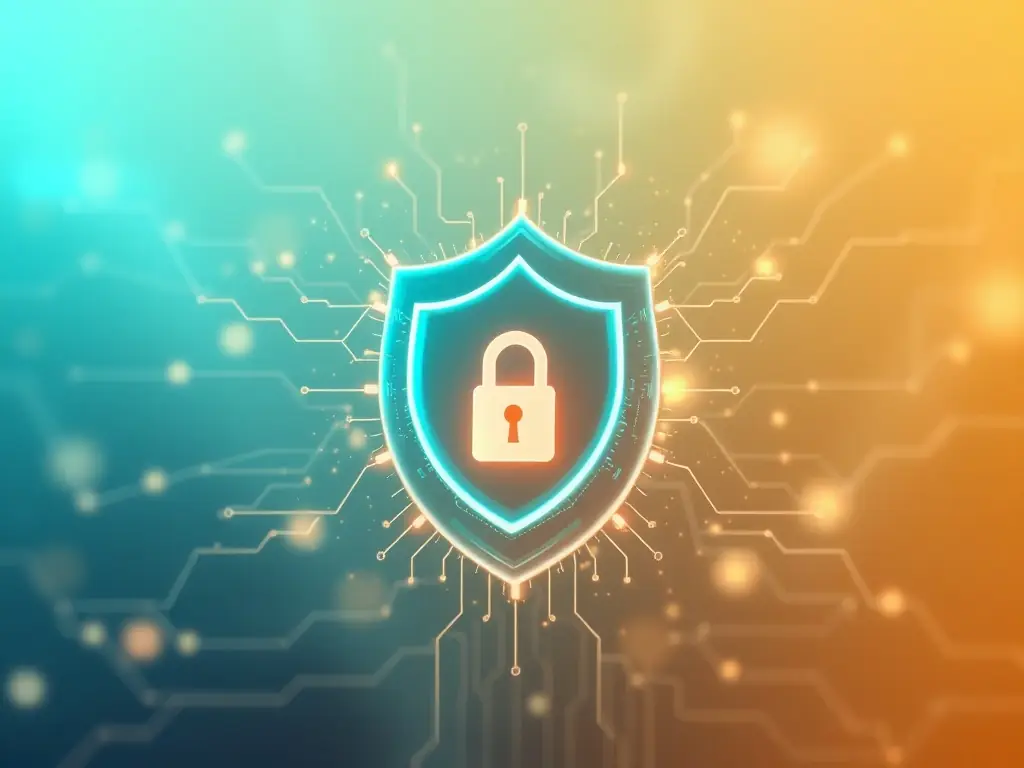 A digital shield with a lock icon, representing cybersecurity measures and data protection in a networked environment.