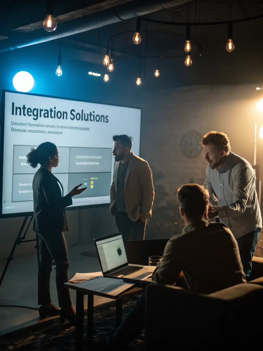 A diverse team of IT consultants collaborating around a table, reviewing digital transformation strategies on a large screen, showcasing Skyriver's collaborative approach to enhancing business processes.
