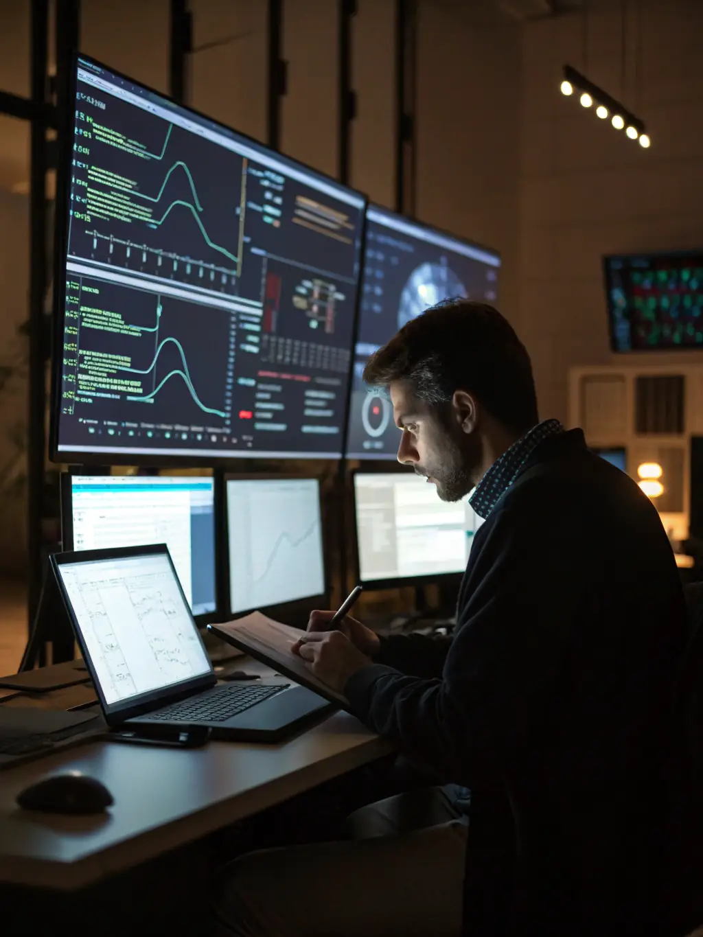 A cybersecurity expert analyzing a network security diagram, highlighting Skyriver's proactive approach to identifying and mitigating potential cyber threats.