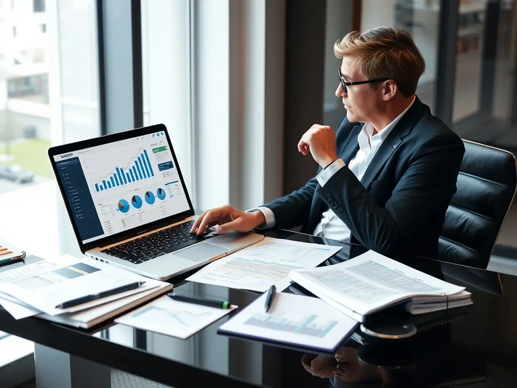 A consultant in a modern office setting, analyzing data on a laptop with a focused expression, surrounded by charts and graphs representing business analytics and IT strategies.
