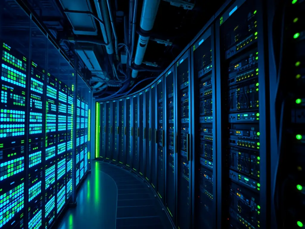 A secure cloud server room with glowing lights and visible server racks, symbolizing data migration and cloud computing infrastructure.